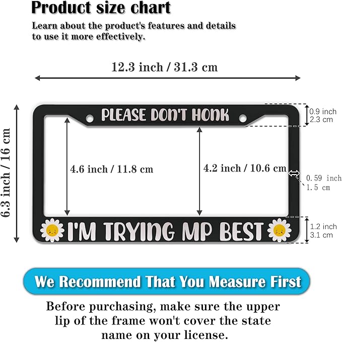 License Plate Cover Black and White License Plate Frames Please Don’t Honk I'm Trying My Best Aluminum Metal Car Accessory 2 Pack with Screw Covers Set