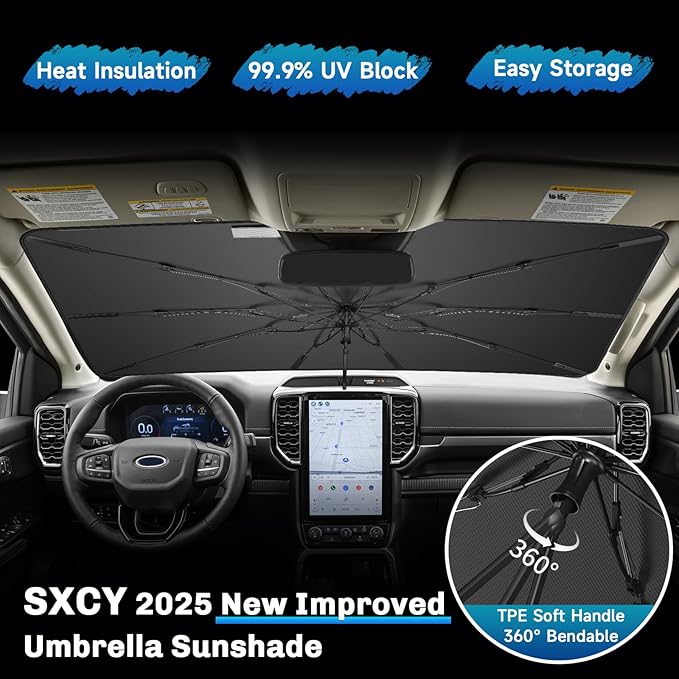 SXCY for 2024 2025 Ford Ranger Windshield Umbrella Sunshade [Easier Foldable] 2024 2025 Ranger Accessories Sunshade Umbrella for 2024 2025 Ranger Windshield Umbrella Sun Shade