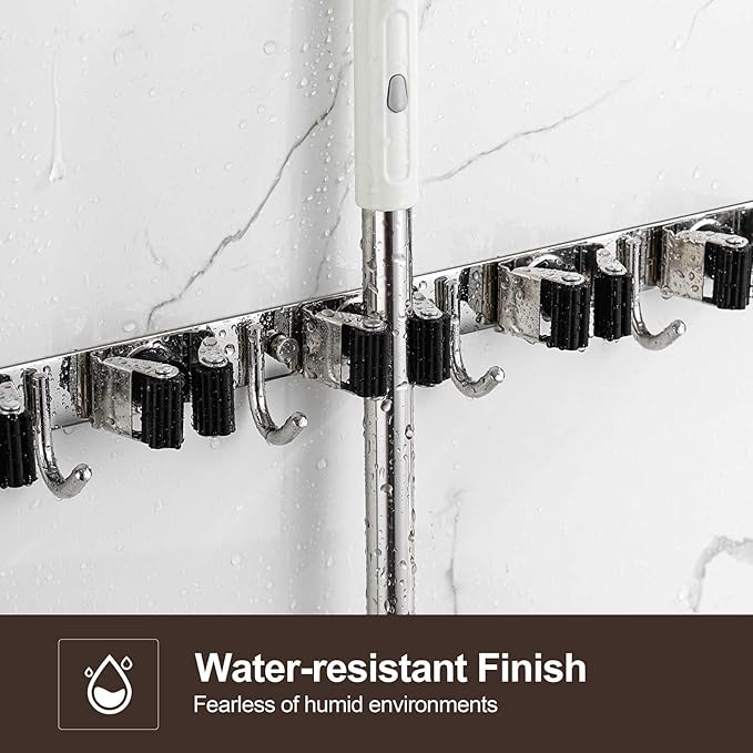 Broom Holder Wall Mount, Stainless Steel Broom Hanger Wall Mount, Heavy Duty Mop and Broom Holder Tool Racks Utility Hooks for Laundry Room Garden Garage, Black (5 Racks and 4 Hooks)