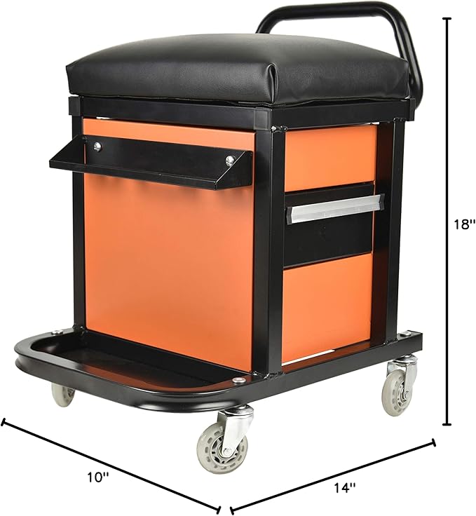Eisen Rolling Tool Box with Seat, Mechanics Seat with Storage Drawers and 2-1/2" Swivel Casters, 300 lb. Capacity