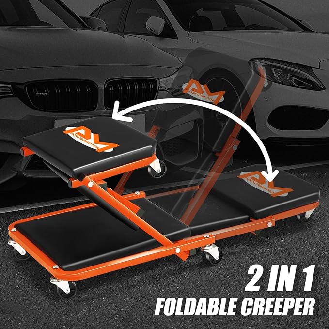 PM PERFORMOTOR 36 Inches Folding 2 in 1 Rolling Z Creeper, Adjustable Roller Garage Chair Lay Down or Sit, 6 Pcs 2" Casters, 150kg Weight Capacity, OrangePM-TOL-CPS36-OG
