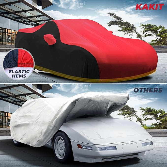 KAKIT Waterproof Car Cover Custom Fit for 1984-1996 C4 Stingray, UV Resistant Fade-Proof Cover for Chevy Corvette, Indoor & Outdoor Use (Red & Black Combo)