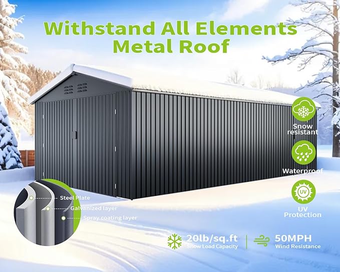 20 x 13 FT Outdoor Storage Shed, Large Metal Garden Shed with 2 Lockable Doors, Tool Shed Outdoor Storage with 4 Air Vents, Garage Shed Waterproof for Car, Truck, Bike, Garbage Can, Tool, Black