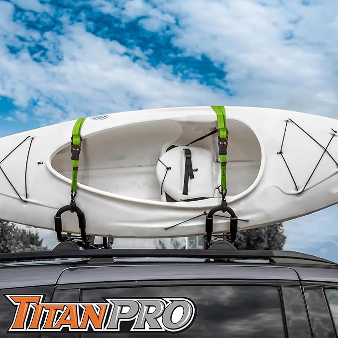 TitanPro Heavy Duty Ratchet Straps 4-Pack - 2,200lb Break Strength, 1" x 15' Rachet Tie Downs with Padded Handles - Heavy Duty, Truck, Motorcycle, Moving Straps (Green)