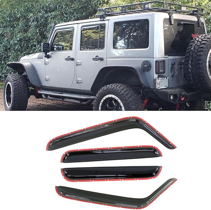 194249 Side Window Visors Wind Vent Deflector fit for 2007-2018 Jeep Wrangler 4-Door (JK),4pc in-Channel Style Dark Smoke Nice Looking Sun Rain Guards Set