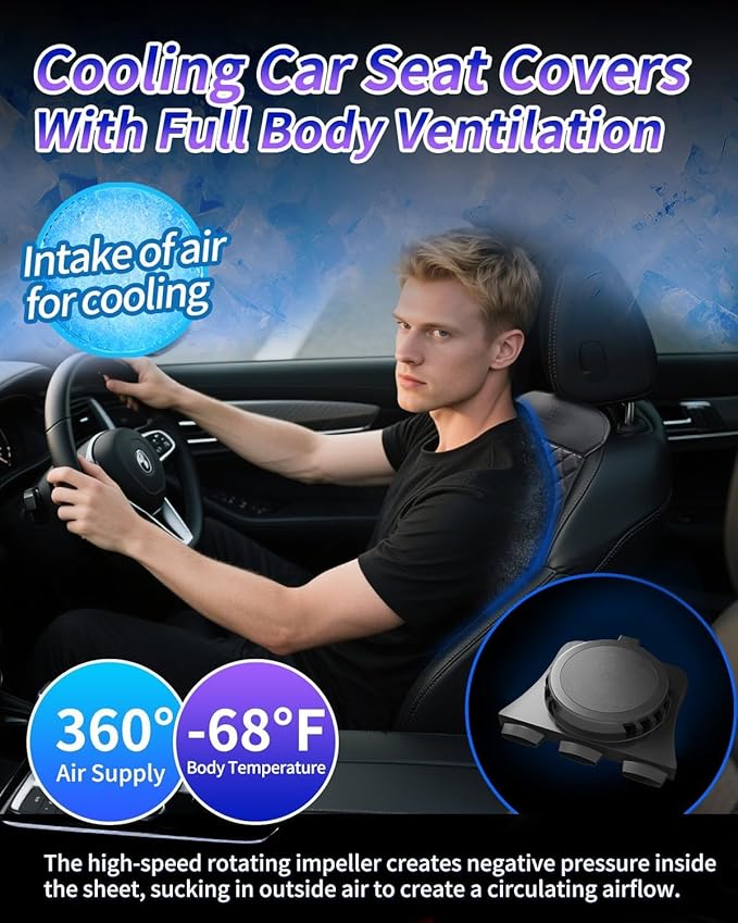 Air Suction Cooling Car Seat Cover Front Seat, 12V Circulation Ventilation Cooling Car Seat Cushion, Summer Cooling Seat Cushion Suitable for Car SUV Truck Universal Style, Classic Black