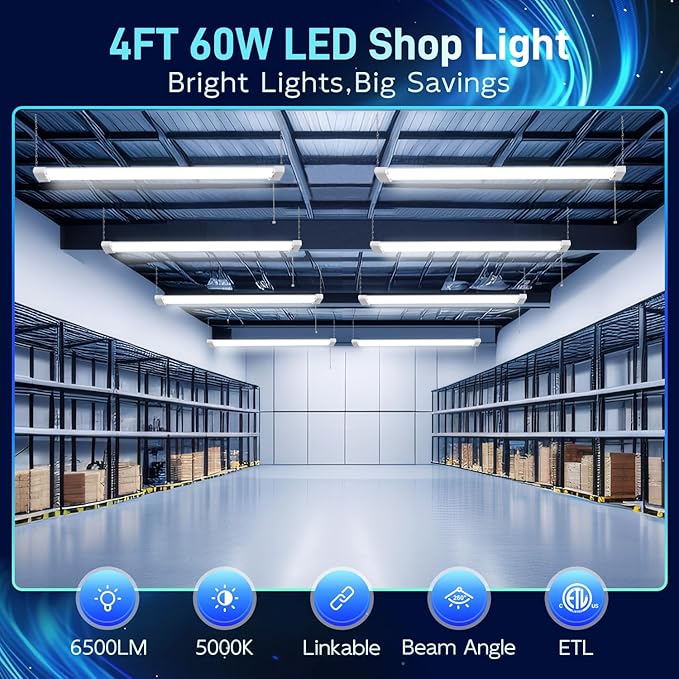 hykolity 1 Pack 4FT Linkable LED Shop Light for Garage, 6500lm, 4FT 60W Utility Light Fixture, 5000K Daylight LED Workbench Light with Plug, Hanging or Surface Mount, White - ETL