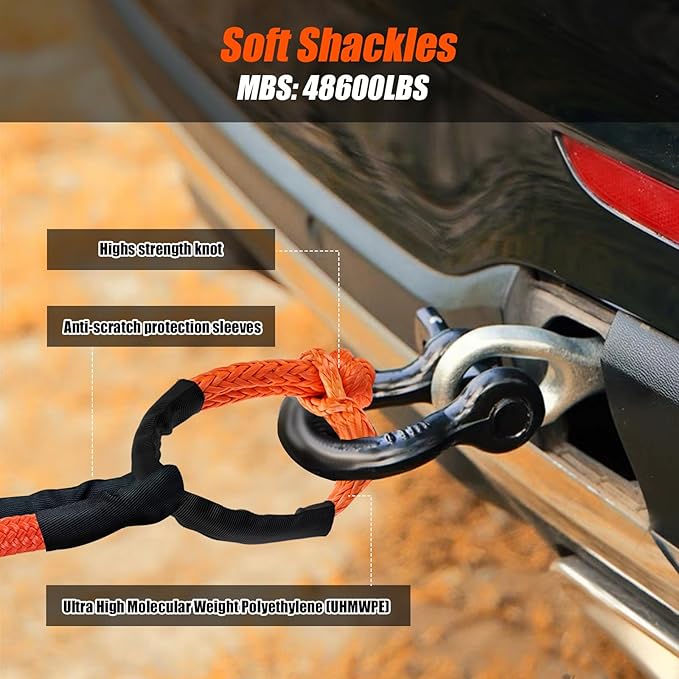 1" × 30ft Kinetic Recovery Tow Rope (48,000lbs), Heavy Duty Offroad Towing Straps Kit, Includes 2 Soft Shackles, Offroad Recovery Kit for UTV, ATV, Truck, Car, Jeep, Tractor (Orange)