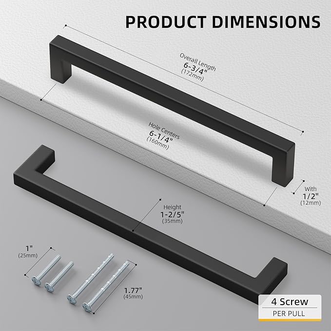 goldenwarm 60 Pack 6-1/4INCH Black Square Bar Cabinet Pull Drawer Handle Stainless Steel Modern Hardware for Kitchen and Bathroom Cabinets Cupboard,Center to Center 160mm Kitchen Cupboard Handles