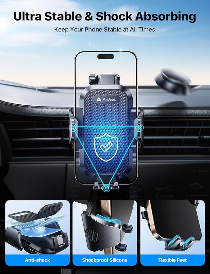 andobil Car Phone Holder Mount (Strong Suction&Bumpy Road Stable) Phone Holders for Your Car, Cell Phone Car Mount for Windshield Dash Vent Truck Cradle Stand for iPhone 16 15 Pro Max 14 13 12 Samsung