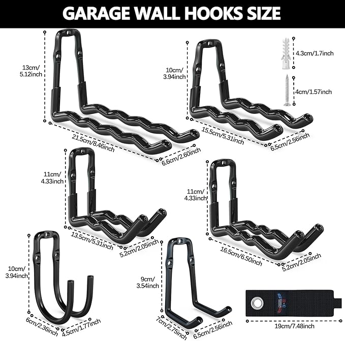 3-H Heavy Duty Garage Hooks 14 Pack, One-Piece Construction Garage Wall Hooks, Garage Hanger & Organizer Wall Mount for Ladders, Bikes, Chairs, WeedEaters, Shovels, Garden Tools (Black)