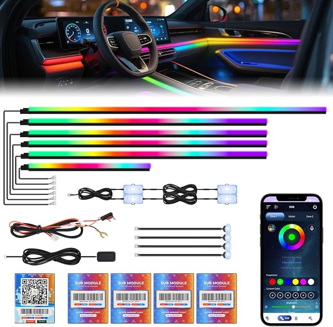 New Version Acrylic Car Dreamcolor Ambient Lighting Kit 14 in 1 LED Interior Car Strip Lights APP Control Zoned Control System 252 Color Modes DIY Neon Wireless Sound Activated RGB Light Bar