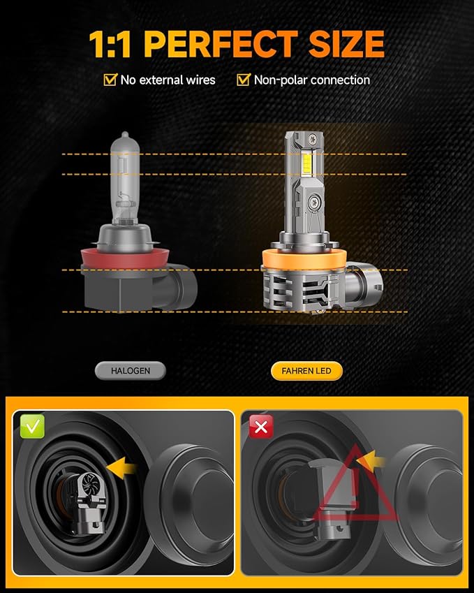 FAHREN Upgraded H11/H9/H8 Light Bulb, 40000LM Ultra-Bright Real 1:1 Mini Size H11, 6500K Cool White H11 light, Quick Install No Adapter Needed, Pack of 2