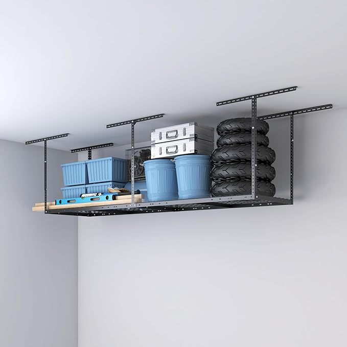 2ftx8ft Overhead Garage Storage Rack, Heavy-Duty Metal Garage Ceiling Storage Rack, 22''-40" Adjustable Ceiling Drop-Down, 400 lb. Loading Weight Capacity, Black