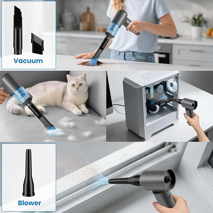 90° Foldable Car Vacuum Portable Cordless 16000PA Suction, 4-in-1 Mini Vacuum Cleaner with Brushless Motor, Handheld Vacuum for Car, Home,Office