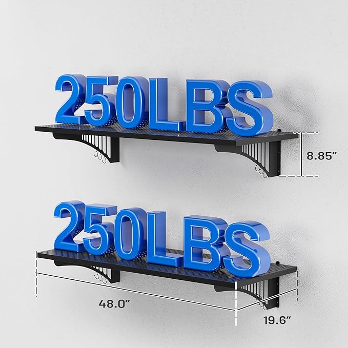 YOLENY 2-Pack 1.64x4FT Adjustable Heavy Duty Garage Wall Shelving, 500lbs Load Capacity Wall Mount Storage Shelf, Garage Storage Rack with Hooks, Metal Floating Shelves Organizer for Workshop