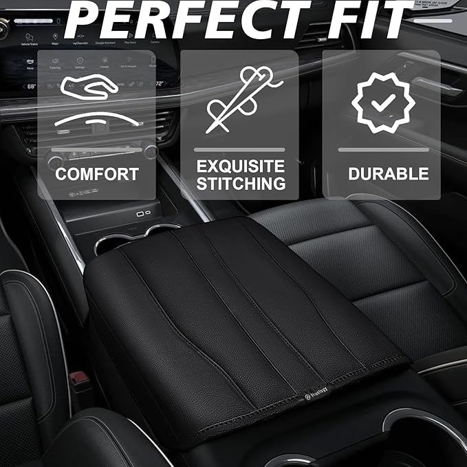 Muslogy Center Console Armrest Cover Compatible with 2025 2026 GMC Yukon/Yukon XL & Chevy Tahoe/Suburban Comfort Armrest Pad Arm Rest Cushion Vegan Leather Protector Regular Thick