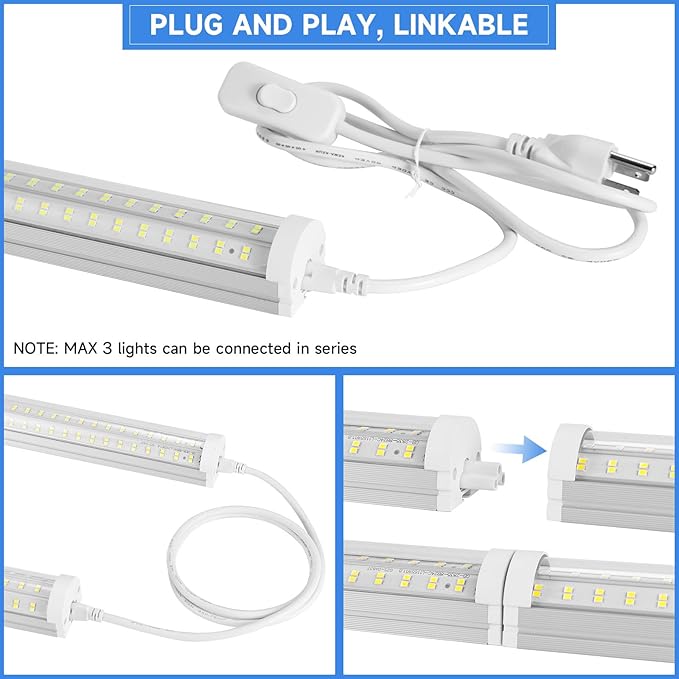 8FT U Shape 125W Integrated Tube Bright LED Light, 6500K Clear White, 20000LM - Flush Mount/Hanging Linkable LED Ceiling Lights for Garage, Plug&Play, 6 Pack