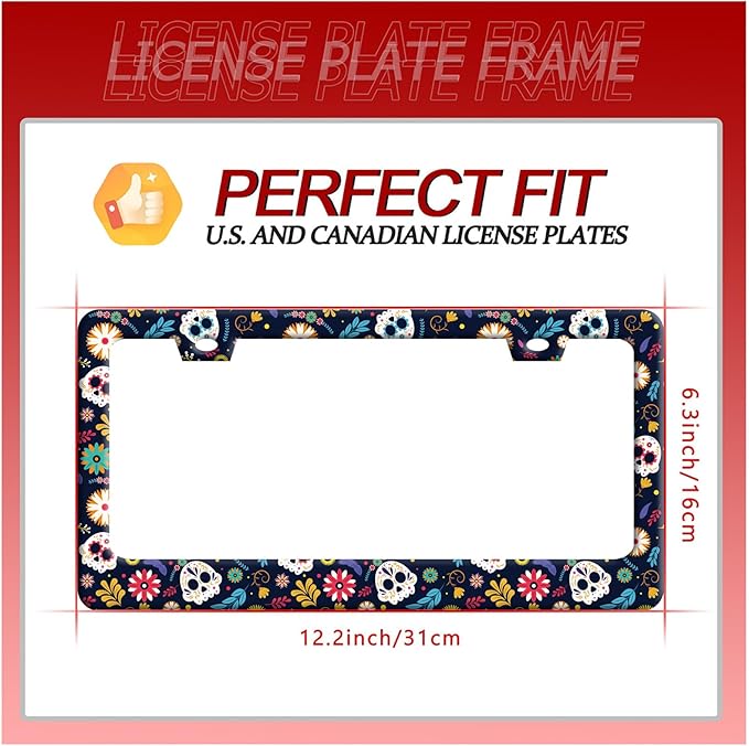 Sugar Skull Flowers License Plate Frame Cute Colorful License Plate Frames Stainless Steel Accessories Cars Decor with 2 Holes and Screws Fits Standard US CA Vehicles Size 12.2 x 6 Inches