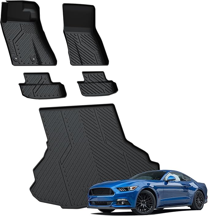 LASFIT Floor Mats and Trunk Mat for Ford Mustang 2015-2025 (Cargo w/o Subwoofer Box) All Weather Protector TPE Car Floor Liners, 1st & 2nd Row & Cargo Liner, 5pcs Black