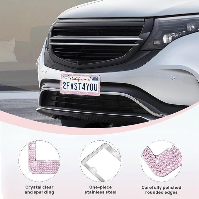 2 Pack License Plate Frames for Women, Sparkly Rhinestone Diamond Car Accessories with Glitter Crystal Caps (Pink (2PCS))
