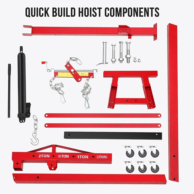 2 Ton Hydraulic Engine Hoist with Lever Stabilizer, Cherry Picker Engine Hoist, 4400LBS Heavy Duty Garage Crane with 6 Swivel Casters & Adjustable Telescopic Boom, for Auto Repair & Workshop (Red)