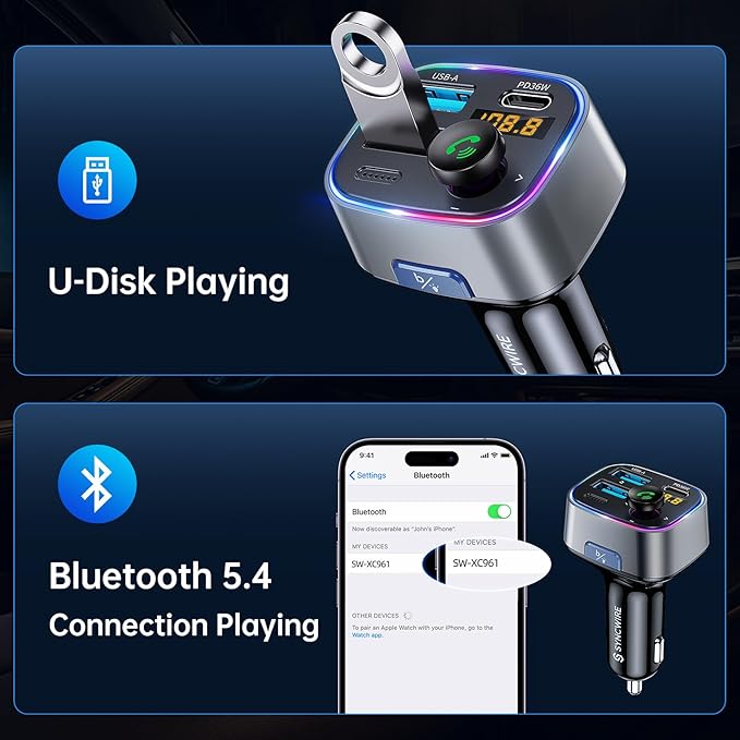 Syncwire Bluetooth 5.3 FM Transmitter Car Adapter 48W (PD 36W & 12W) [Light Switch] [Hi-Fi Deep Bass] [Fast Charge] Wireless Radio Music Adapter LED Display Hands-Free Calling Support USB Drive