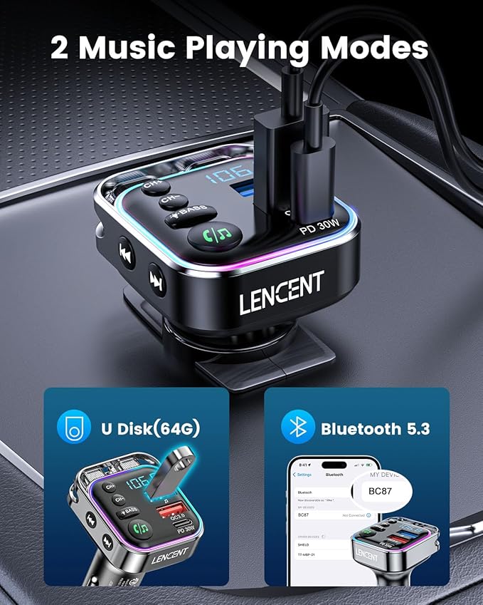 LENCENT Bluetooth 5.3 FM Transmitter Car Adapter 48W (PD30W & QC18W) Fast Charger, Light Switch, HiFi Bass Sound Audio Receiver Wireless Radio MP3 Music Player, Hands-Free Calling, Support USB Drive