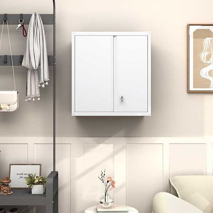 GREATMEET Metal Wall Cabinet, Wall Mounted Cabinet with Doors and Adjustable Shelf, Metal Storage Cabinet with Lock, Wall Cabinet for Garage, Pantry, Utility Room, White