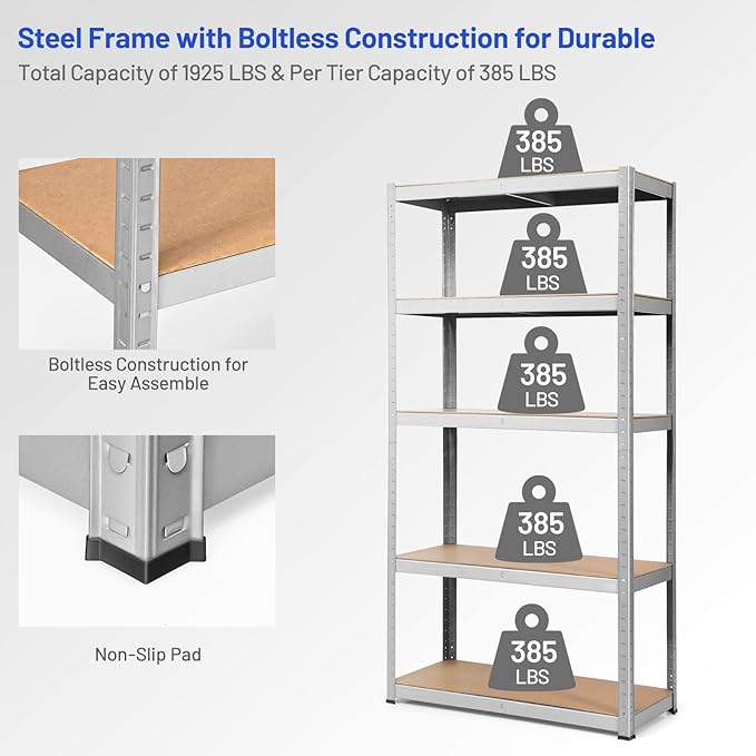 ERGOMASTER 5 Tiers Steel Shelves for Storage Heavy Duty Garage Organization Utility Shelf Rack for Books, Kitchenware and Tools 72 x 16 x 108 in (Set of 3,Silver)