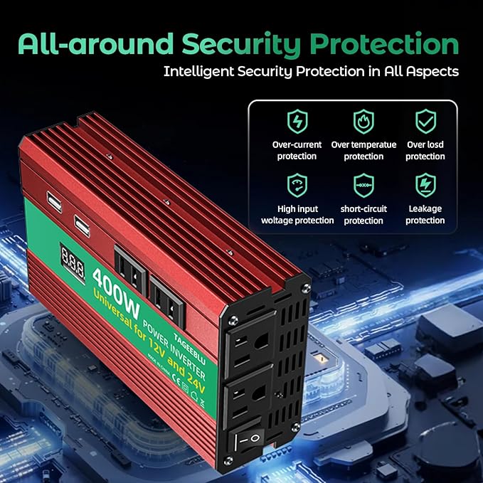 400W Power Inverter, DC 12V/24V to 110V AC Car Inverter for Truck, Home, Vehicles, Laptop, Trip