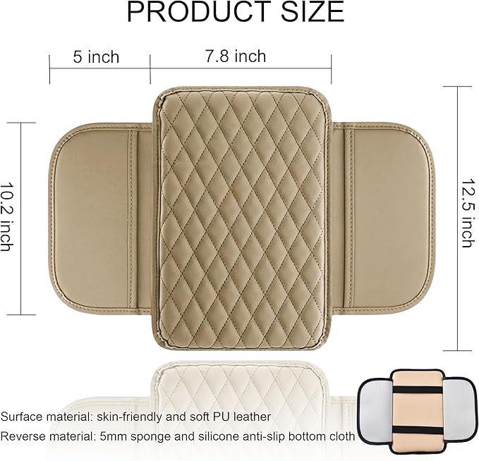 Car Center Console Cover, Upgraded Leather Armrest Seat Box Cover with 2 Storage Bags, Universal Waterproof Car Armrest Cover Cushion Comfortable Car Decor Accessories for Most Vehicles (Beige)