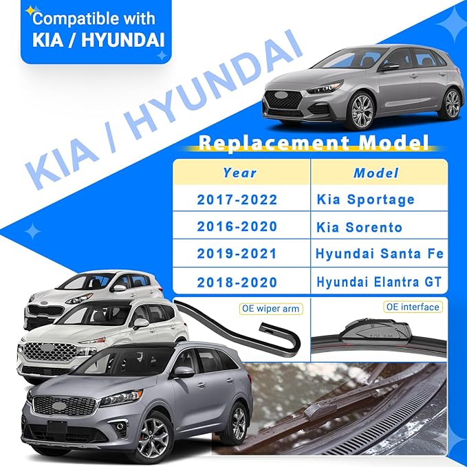 Windshield Wiper Blades Replacement for 2017-2022 Kia Sportage / 2019-2021 Hyundai Santa Fe / 2016-2020 Kia Sorento Original Factory Quality Front Rear Wipers Blade Set - 26" 16" 11"