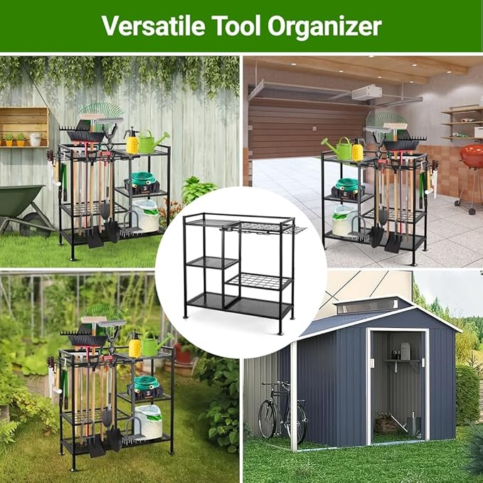 Garden Tool Organizer for Garage, 3 Tiers Garden Tool Holder with Large Tool Slots & Small Tool Hooks, Large Capacity Yard Tool Storage, Heavy Duty Metal Tower Rack for Lawn Garage Shed