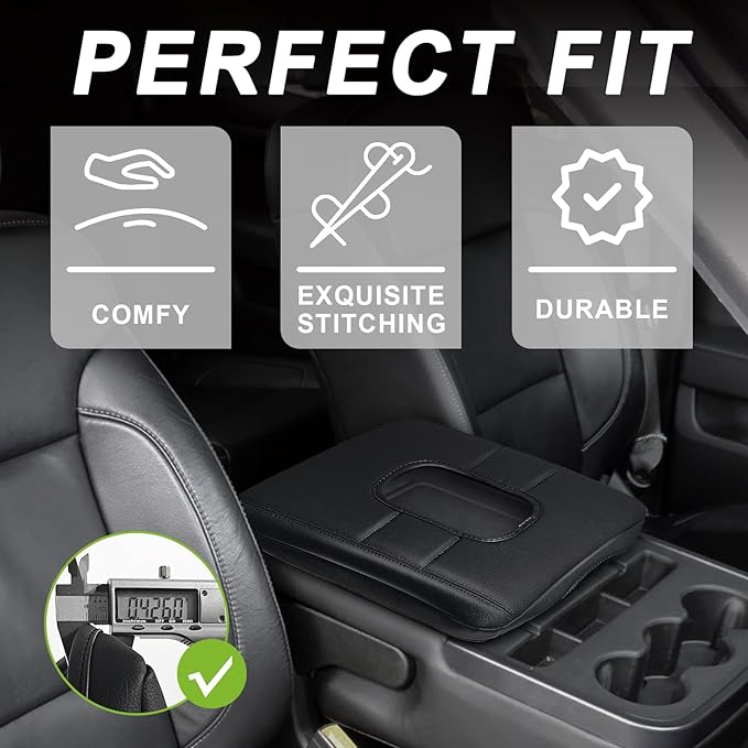 Muslogy Center Console Armrest Cover Compatible with Chevy Silverado & GMC Sierra 2014-2018 Comfort Armrest Pad Arm Rest Cushion Vegan Leather Protector Regular Thick(Jump Seat ONLY)