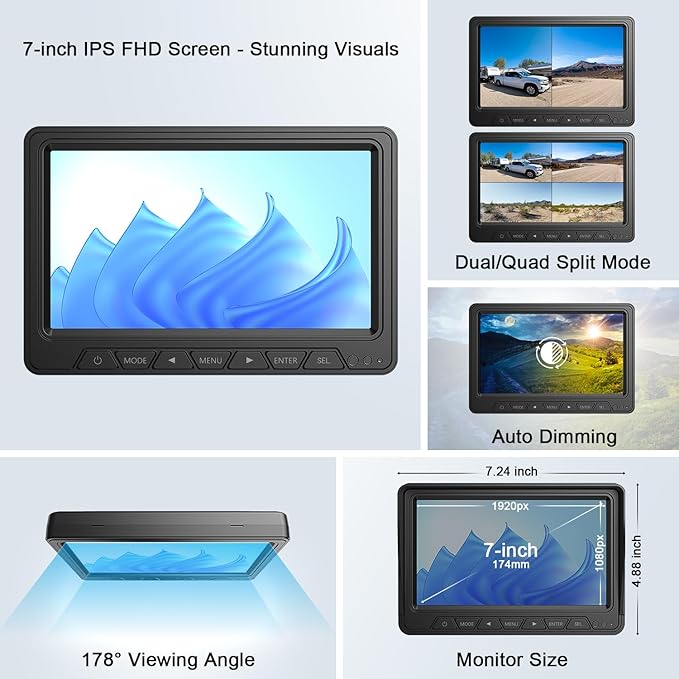 Fookoo HD Wireless RV Backup Cameras System, 7" Split-Screen Monitor, 1 Rear View + 2 Side Cameras, IR Night Vision Recording Waterproof Compatible with Furrion Pre-Wired RV Truck Trailer - DW7Y503