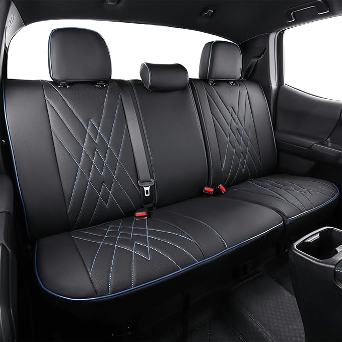 EKR Custom Fit Tacoma Rear Car Seat Covers for Select Toyota Tacoma 2016 2017 2018 2019 2020 2021 2022 2023 Double Cab/Crew Cab - Second Row Only,Leather (Black with Blue Trim)