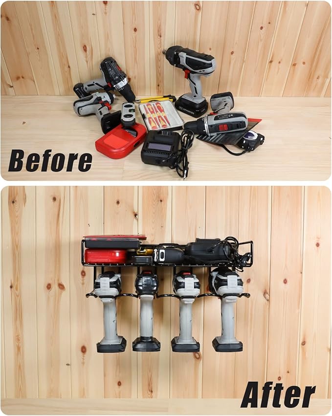 Heavy Duty Tool Organizer, 16"W x 7.48"H x 5.51"D, 4 Wall Mount Anchors, 3.95" Between Slots, Sturdy Steel Construction, Ideal for Power Tools