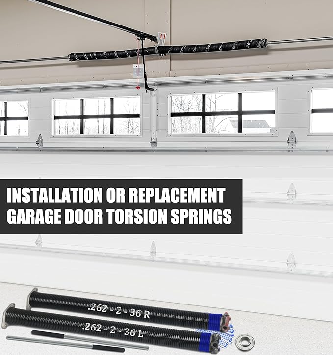 Garage Door Torsion Spring Set, Pair of 2" Electrophoresis Coated Garage Door Spring Replacement with 2 Non-Slip Winding Bars and Bearing, Minimum 16000 Cycles (.262x2x36)