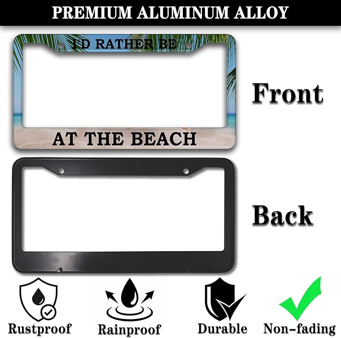 License Plate Frames Multicolor Car License Plate Frame I'd Rather Be at The Beach Universal Aluminum Car Accessory 2 Pack with Screw Covers Set