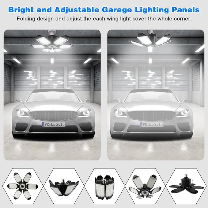 LED Garage Light - 160W LED Garage Ceiling Lights 16000LM Super Bright Garage Lighting with 6 Deformable Panels E26/E27 Screw in Led Shop Lights for Basement Workshop Warehouse Attic