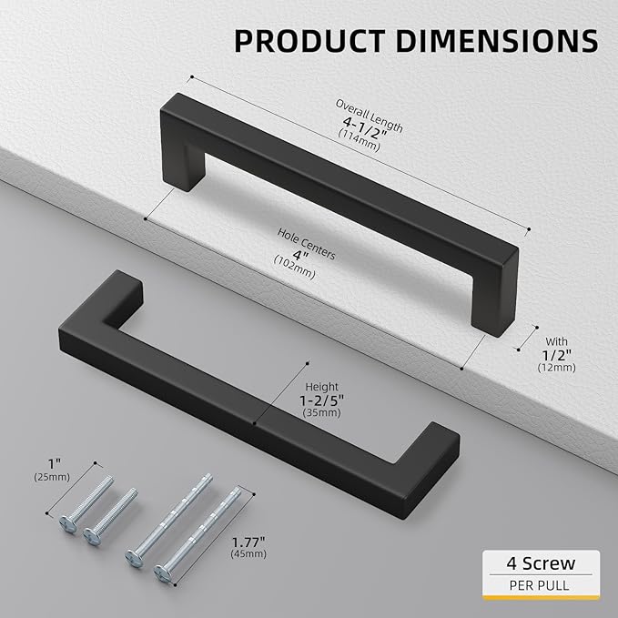 Goldenwarm 10 Pack Black Square Bar Cabinet Pull Drawer Handle Stainless Steel Modern Hardware for Kitchen and Bathroom Cabinets Cupboard,Center to Center 4in(102mm) Cabinet Handles