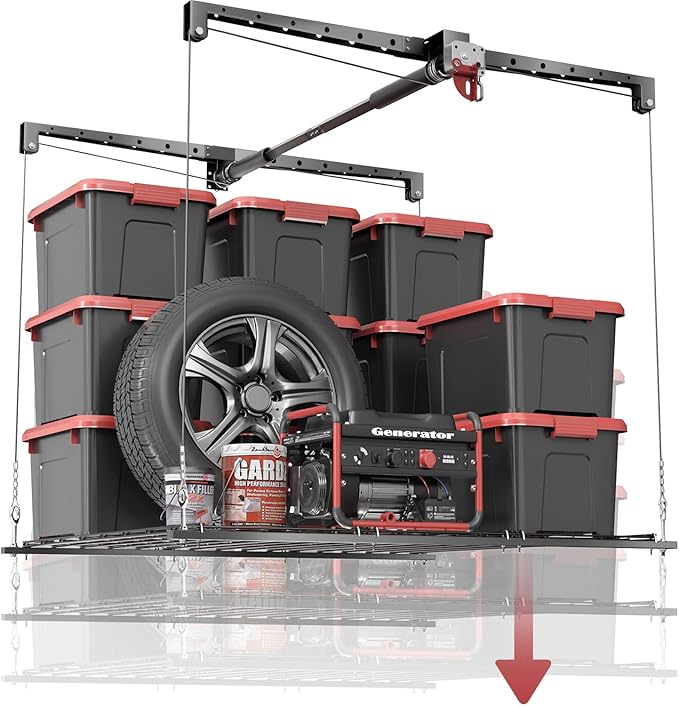 Overhead Garage Storage Rack, Adjustable Heavy-duty 4x4 Ft Ceiling Storage Racks with Safety Lock, Ideal for Garage Storage Lifting Organization System, 250lbs Capacity