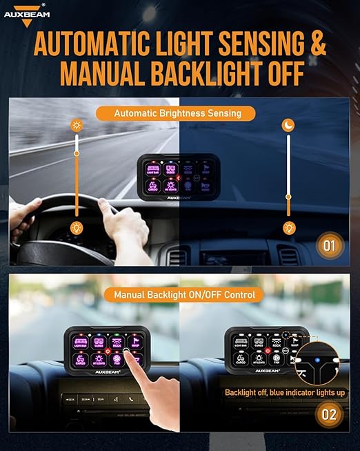 Auxbeam 8 Gang Switch Panel RC-800 RGB Wireless Remote Control Range Up to 165FT Multifunction Switch Pod 3 lighting modes with Backlit Off and Auto Dimmable for RV Offroad Waterproof 2 Years Warranty