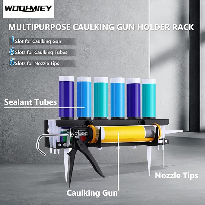 Caulking Tool Holder,Caulking Tool Storage Rack,Wall Mounted Caulk Tube Holder Sealant Organizer with 6 Tube Slots and 6 Nozzle Slots for Garage Workshop Shop