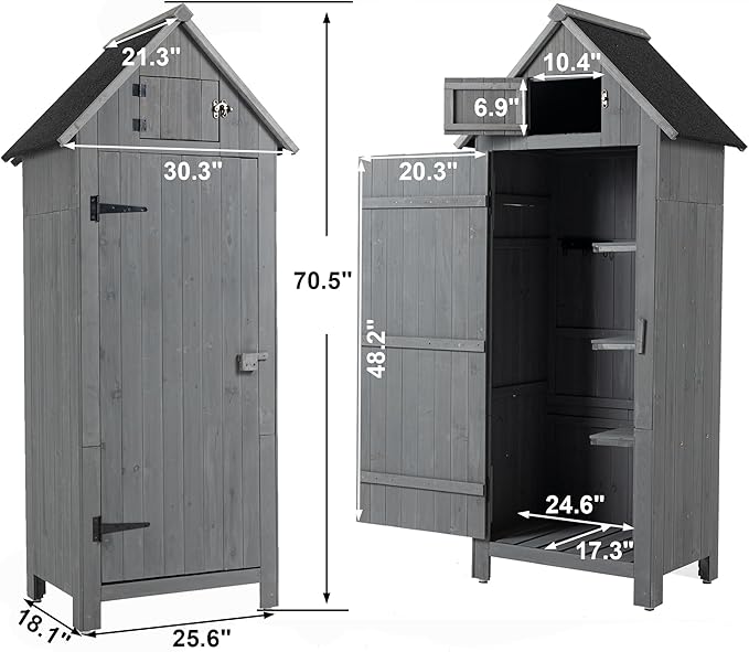 30.3" L X 21.3" W X 70.5" H Outdoor Storage Shed with Waterproof Roof, Solid Fir Wood Frame, and 3 Compartments for Garden Tools, Mower, and Hose,Grey
