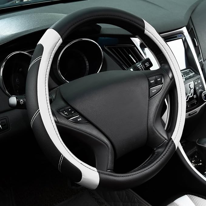 CAR PASS Line Rider Microfiber Leather Sporty Steering Wheel Cover Universal Fits for 95% Truck,SUV,Cars,14.5-15inch Anti-Slip Safety Comfortable Desgin (Black-White)