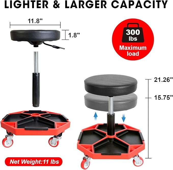 BIG RED ATRXF8308R Torin Heavy Duty Pneumatic Garage Rolling Stool/Creeper Seat with Removable Plastic Tray, 300 lb Capacity, Black/Red