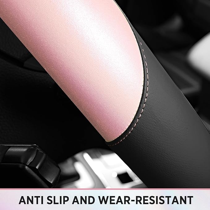 Road Comforts Steering Wheel Cover – Breathable Leather Steering Wheel Cover, Anti-Slip Grip, Universal Fit 14.5” to 15”, Heat & Cold Resistant for Cars, SUVs, and Trucks – Black & Pink