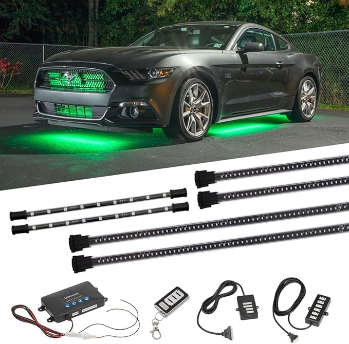 LEDGlow 4pc Million Color Multi-Color LED Underbody Underglow & 2pc Interior Footwell Accent Lighting Kit for Cars - 18 Solid Colors - 12 Unique Patterns - Music Mode - Includes Control Box & Remote